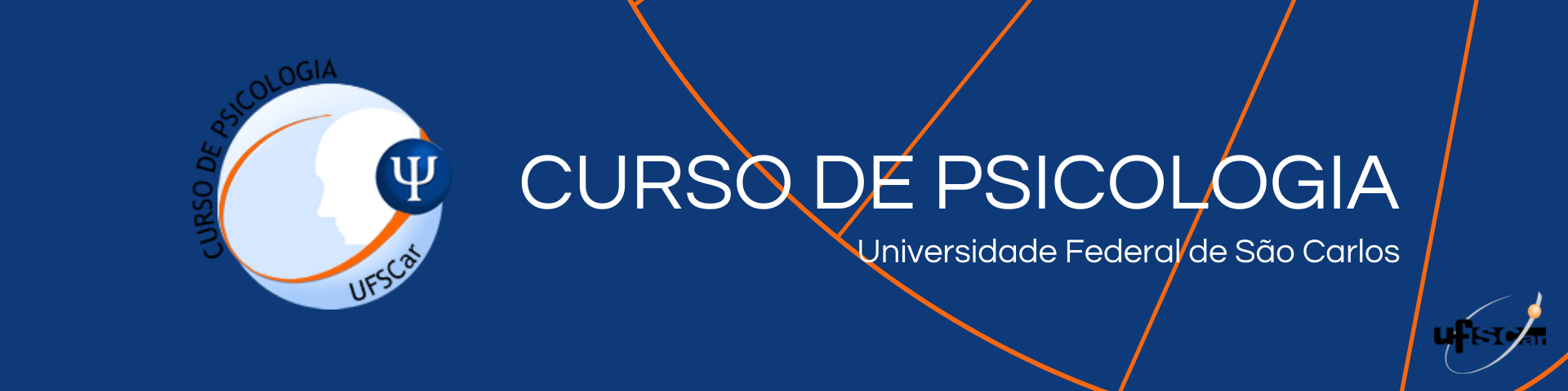 Imagem retangular com fundo azul escuro, com os dizeres Curso de Psicologia Universidade Federal de São Carlos, em branco, centralizado. Na lateral esquerda há o logotipo do Curso de Psicologia e na lateral direita, no canto inferior do banner, há o logotipo da UFSCar.